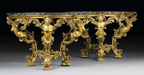 PAIR OF GRAND CONSOLES "AUX FEMMES AILEES", Louis XV, Romee circa 1750. Pierced and richly carved wood with shaped and moulded top, with 3 scrolled supports "aux femmes ailées" 130x65x85.5 cm.