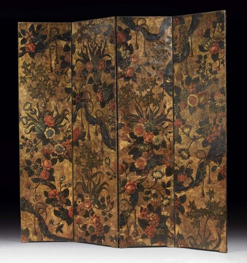 LARGE FOUR PART SCREEN, mit so-called"cuir de Cordoue", Régence, Spain circa 1720. Finely painted with fruits and flowers on gold ground. Width 208 cm, H 216 cm.
