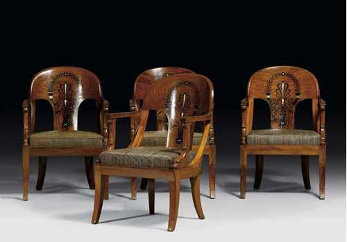 SET OF 4 FAUTEUILS "AUX DAUPHINS", Empire, stamped JACOB FRERES RUE MESLEE (the collaboration of François-Honoré-Georges and Georges II Jacob 1796 to 1803), Paris circa 1803. Carved mahogany finely inlaid "à l'antique" with rosewood and mother of pearl, with brown-black striped cushions. 56x44x42x87 cm.