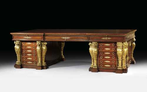 GRAND BUREAU-MINISTRE "AUX LIONS", Empire, in the style of  P.A. BELLANGE (Pierre Antoine Bellangé, 1758 Paris 1827), Paris, mid 19th century Finely carved and parcel gilt mahogany, Slightly salient top on two supports with lions at the angles and tall plinths, broad front drawer, 6 lateral drawers each side, under sliding ledge, with the same arrangement verso, with exceptinally fine matte and polished gilt bronze mounts and applications.  250x135x77 cm. Provenance: private collection Baden Baden