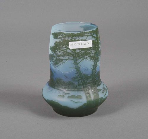 VASE, Devez. White glass with double overlay in blue and green, etched with mountain landscape,  signed Devez, H. 13 cm.