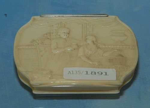 IVORY BOX, German, end of the 18th century. The lid with relief of a priest and young woman in domestic scene, 8.4 x 6.3 x 1.7 cm.