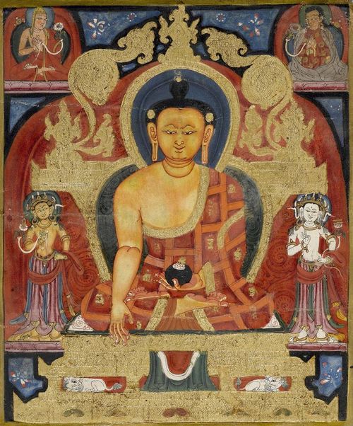 A MINIATURE THANGKA DEPICTING BUDDHA SHAKYAMUNI. Tibet, 1st half 15th century. 22.5x18.5 cm. Framed. Acquired Nov. 1994, Lot 119 at Galerie Koller, Zürich.