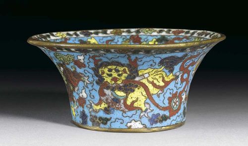 CLOISONNÉ BOWL. Turquoise background of multi-colored mythical creatures dancing across waves: lions on the outside, horses on the inside. China, 2nd half of the 16th century, D 11.8 cm. Slightly restored. Berti Aschmann Collection. Cf. Chinese cloisonné, the Pierre Uldry Collection, Museum Rietberg 1985, Ill. 89 and 90.
