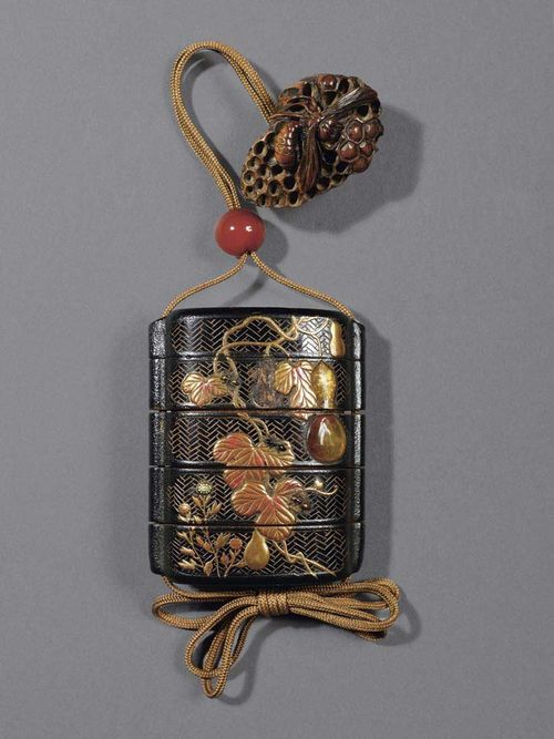A JAPANESE FOUR-CASE BLACK LACQUER INRÔ. Decorated with gourd twines in hiramakie, takamakie, gourds in tortoiseshell. Enhanced in the 19th century with ants in various metals, maybe by Gambun. Signed: (Iizuka) Toyo saku. Sard ojime, wood netsuke of a vespiary, signed: (Ryusansai) Issan. 18th century. Height 7.6 cm. Two losses.. Exhibited: Japan House Gallery, Japan Society, New York 1972. Published: Harold P. Stern, The Magnificent Three, Lacquer, Netsuke and Tsuba. Selections from the Collection of Charles A. Greenfield, New York 1972.