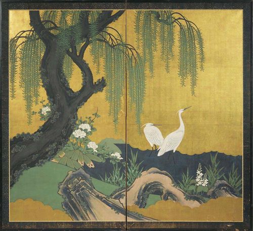 TWO-PART FOLDING SCREEN decorated by a pair of cranes in shallow water with a large weeping willow bending over them. White peonies and a cliff in the foreground complement the scene. Sky in gold leaf. Japan, 19th century. 172x92 cm per panel. Damaged on the bottom right, one restored tear.