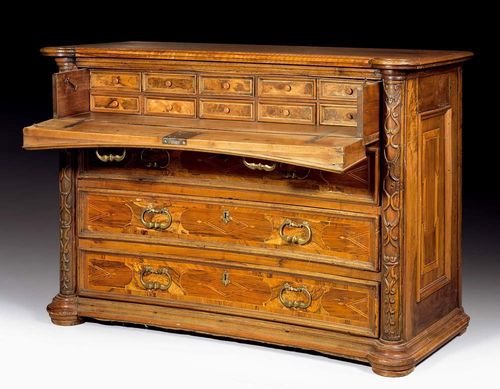 BUREAU,Early Baroque, Northern Italy circa 1600. Veneer of walnut and local fruitwoods and inlaid with reserves and fillets. The centrally tapering front with 4 drawers, the top drawer hinged revealing writing compartment and 10 drawers. With bronze mounts and drop handles. Restored. 150x66x (open 90)x104 cm. Provenance: Château de Vincy, West Switzerland. A fine high quality piece.