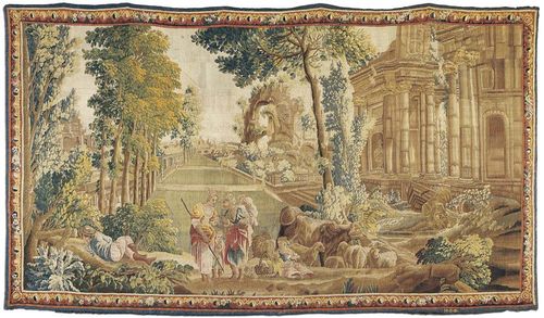 TAPESTRY, Louis XV, monogrammed MRD (Monogramm of Manufacture Royale d'Aubusson), Paris circa 1760/70. Depicting shepherd, women and children in idealised park and temple landscape. With fine floral and foliate border. H 236 cm, W. 410 cm. Provenance: - Private collection, Lugano. - Galerie Koller Zurich 21.6.2002 (lot. 1137). - from an important Swiss private collection