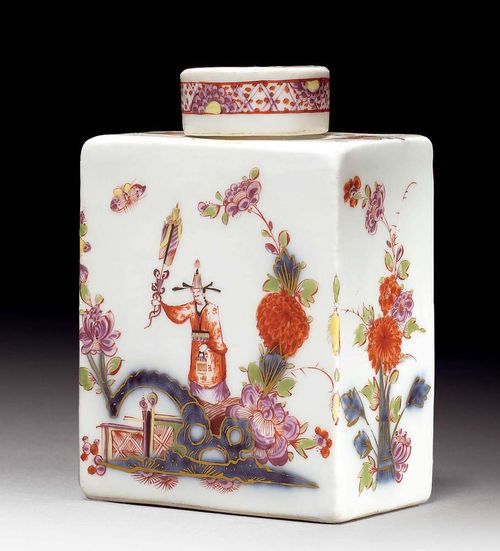CHINOISERIE-DECORATED TEA CADDY, Meissen, circa 1735.Painted by Johann Ehrenfried Stadler. Painted on the front and the back with a Chinese figure on a bridge, with Indianische Blumen, birds and insects in underglaze blue. With traces of an underglaze blue sword mark and impressed potter's mark. H 9.5cm. Provenance: from a private collection, Solothurn