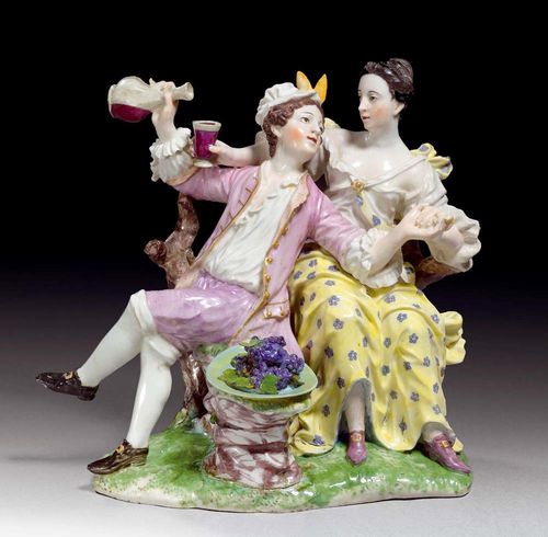 PORCELAIN GROUP 'AUTUMN', Strassburg, second half of the 18th century.Model by Johann Wilhelm Lanz. After an unknown engraving from 1751. With two lovers with wine carafe and vines. On flat plinth. No mark. H 19.5cm. Small restorations. Provenance: from an important private collection, Basel