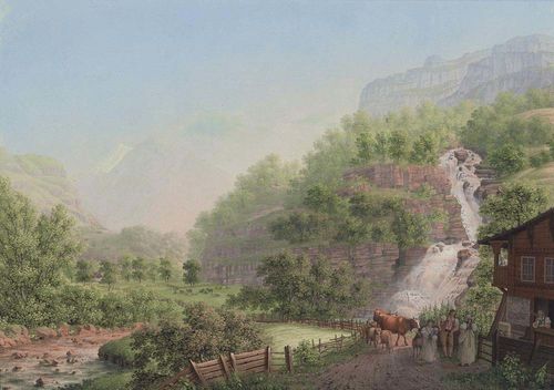 BERN CANTON.- Bleuler vicinity, circa 1830. The Reichenbach falls at Meiringen. Gouache. 42 x 59 cm. Backed with cardboard. Signed in Indian ink. Framed. - Opaque white shows minimal oxidation. - Splendid veduta with fresh-looking colouring.