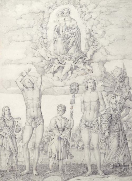 GERMAN - ITALIAN SCHOOL EARLY 19TH CENTURY.. The martyrs St. Nazarius and St. Celsus. Pencil on wove paper. 64.5 x 47.5 cm. Verso with old inscription in brown pen: E Siste in St. Lazaro e Celso di Verona. Francesco Bonsignori depinse. Framed. - Especially fine detail. Thinned in places and scattered small tears, attached to passepartout with adhesive strips. Good condition.