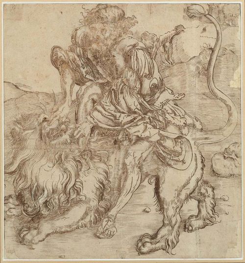 DÜRER, ALBRECHT (1471 Nuremberg 1528), RENAISSANCE.Samson killing the lion. Brown pen drawing on wove paper. 37 x 34.5 cm. Enlarged near contemporary partial copy of Albrecht Dürer's woodcut "Samson tötet den Löwen" of 1497/98 (Meder 107; Schoch/Mende/Scherbaum 127). Framed. - Numerous small holes through ink damage, partly old backing. Paper loss to the edges and corners and old restoration with wove paper. Several tears also with old backing. Traces of old folds visible. Some small rubbed areas. Despite the distress mentioned, a good overall impression.