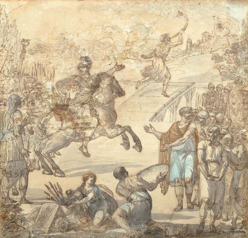ITALIAN SCHOOL.Roman troops on foot and on horseback at a bridge, with citizens in the foreground. Early 16th century. Pen in brown, with brown and grey wash and partly watercoloured. 37.5 x 36 cm. Gold frame. - Fully backed. With areas heavily restored. Heavily rubbed and with numerous small losses. Requires restoration.