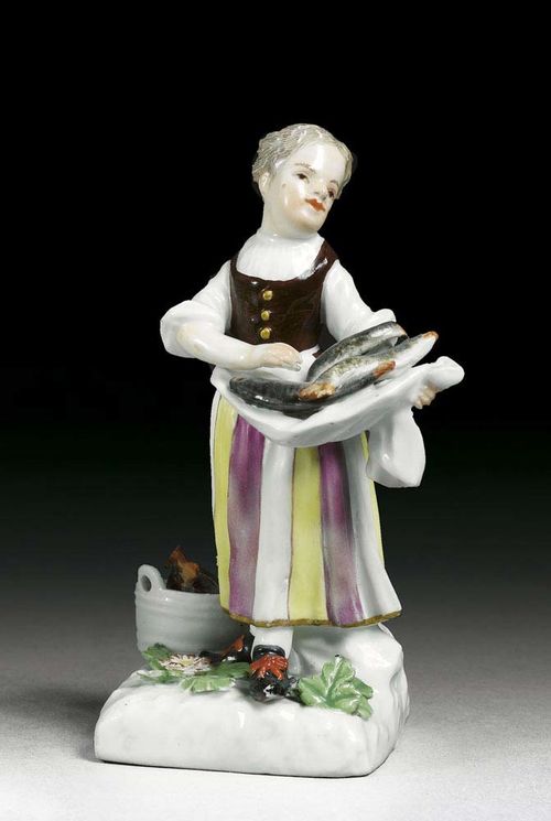SMALL FISH SELLER, Meissen, circa 1755. Modelled probably by P.Reinicke and J.J.Kändler as a standing girl with fish carrying in her apron, crossed swords in underglaze-blue, 11cm, middle part restored.