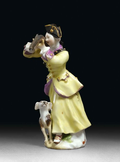 MINIATURE FIGURE HUNTRESS, Meissen, circa 1755. Model probably by J.J. Kändler, faded crossed swords in underglaze-blue, 7,7 cm, small restorations, the hunting bag missing. Provenance: Private collection, West Switzerland.