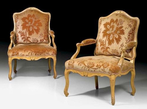 PAIR OF FAUTEUILS "A LA REINE", Louis XV, stamped L. CRESSON (Louis Cresson, maitre 1738), Paris circa 1760. Shaped, gilded and finely carved beech with leaves, cartouches and frieze and pale pink silk velour covers with flowers and leaves. The gilding restored. 72x57x47x106 cm. Provenance: private collection, Germany. A fine and high quality pair.