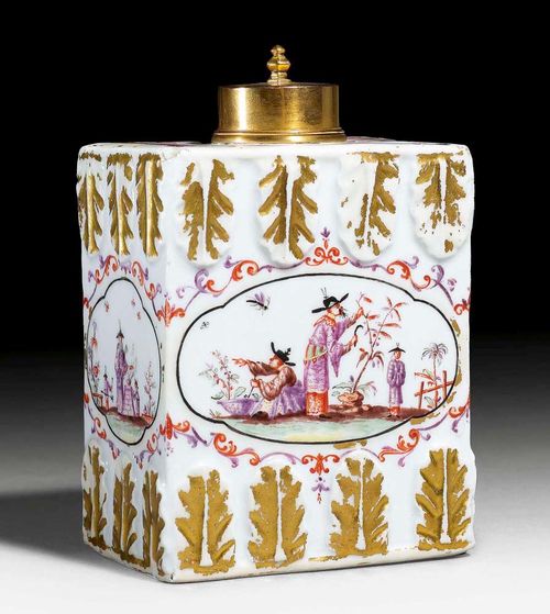 CHINOISERIE DECORATED TEA CADDY, Meissen circa 1730-35.Decorated with acanthus leaves in relief and gilded on the top and bottom edges. Painted with scenes of Chinese at work and during a tea ceremony set within cartouches in iron red and purple. Gilt mounts. The lid replaced with gilt metal lid. Underglaze blue sword mark and potter's mark  ./:, H 8.7cm. gilding heavily rubbed.