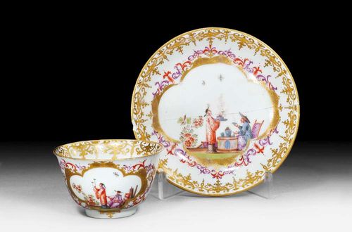 SMALL CUP AND SAUCER WITH CHINOISERIE DECORATION, Meissen, circa 1725-30.Painted in the style of J.G. Höroldt with Chinese figures preparing tea. Painted in gold with brown luster and foliage and bands in purple and iron red. Gold border. Underglaze blue sword mark, potter's mark  /. Saucer broken. Provenance: from a private collection, Solothurn..