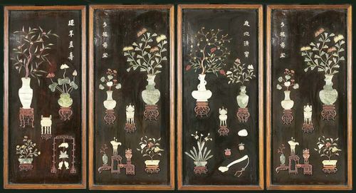 FOUR TABLETS, framed. On a black lacquer background: flower vases and archaic containers with flowers and fruits assembled from jade and other stones and from bone and corals. A short text is displayed in the upper right and left corners of the picture: May you live long (yan nian yi shou), gratitude increases with age (sui zhao qing shang), wealth and longevity go hand in hand (dou fu shou yi), three times autumn leads to more beauty (san qiu jia se). China, 19th century. 124.5x54 cm. With signs of wear, one small part missing.