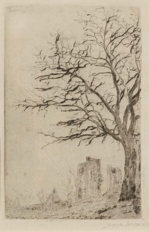 ENSOR, JAMES (1860 Ostende 1949). (1860 Ostende 1949) L'Acacia, 1888. Etching on Simili-Japan, 13.3 x 8.6 cm (Sheet size: 20 x 14.4 cm). Engraved signature upper left in the plate: Ensor. Signed and dated lower right in pencil: James Ensor 1888. Taevenier 24 II (of II). Framed. – Very fine impression with plate tone. Very good condition.  Provenance: Collection of Dr. Trüssel, Bern.