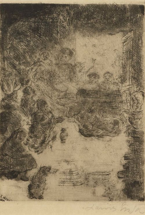 ENSOR, JAMES (1860 Ostende 1949).L'adoration des Bergers, 1888. Drypoint and vernis mou. 15.7 x 11.3 cm (Sheet size: 28.5 x 19.7 cm). Signed lower left in plate: ENSOR. Signed and dated lower right in pencil: James Ensor 1888. Taevernier 58 III (of IV). Artist’s signature initials verso. Framed. - Very good condition. - Provenance: Collection of Dr.Trüssel, Bern.