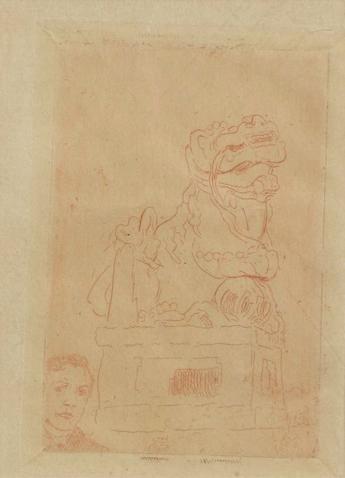 ENSOR, JAMES (1860 Ostende 1949).Chimere. Etching, 91 x 62 cm (Sheet size 23.5 x 14.5 cm). Early impression in red chalk on old Japan paper. Taevernier 25. Framed. – Very fine impression on full sheet. Very good condition.  - Provenance: Collection of Dr.Trüssel, Bern.