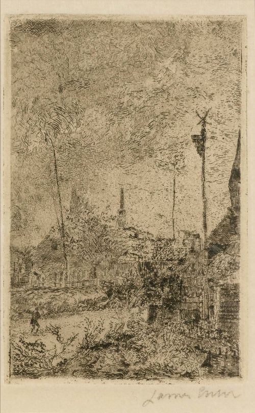 ENSOR, JAMES (1860 Ostende 1949).Chaumières, 1888. Etching on Japan, 11.9 x 7.6 cm (Sheet size: 25 x 16.2 cm). Signature engraved upper right in the plate: Ensor 1888. Signed lower right in pencil: James Ensor. Artist’s signature initials verso. Taevenier 50. Framed. – Very fine impression in very good condition. - Provenance: Collection of Dr.Trüssel, Bern.