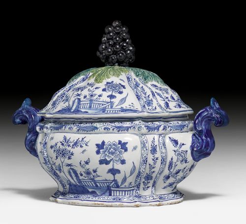 LARGE OVAL LIDDED TUREEN WITH GRAPE CLUSTER AS A FINIAL,