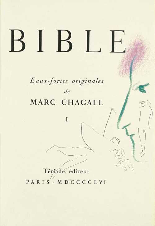 CHAGALL - BIBLE. Eaux-fortes originales de Marc Chagall. 2 vols. Paris, Tériade, 1956. Folio, with 105 original etchings by M. Chagall. On endpaper an additional double page original in water colour and coloured crayon with dedication to Gustav Zumsteg, on title page 1 further original drawing in India ink and coloured crayon also in book plate, 1 original coloured pencil drawing with further dedication. Attractive blue morocco bound volume with gilt edges and black wild leather flyleaves (spine slightly faded, original jacket). One of 275 numbered exemplars (total 295) on vélin Montval, signed in book plate by Chagall- A unique fine example, extremely rare and in excellent condition. Literature: Monod 1532. Rauch 148. Cramer, Livres 29. Klipstein and Kornfeld, Tériade 53. Garvey, The Artist and the Book 53.