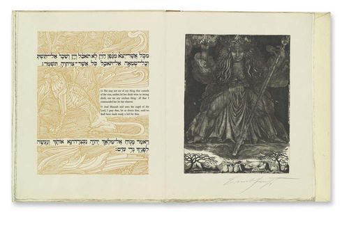 FUCHS - [BOOK OF] SAMSON. Original etchings and illustrations by Ernst Fuchs. Monaco, Cercle international de Bibliophilie and Berlin, Galerie Sydow, 1967. Gr.-Folio,[2], 29 numbered double sheets with 20 signed original etchings. Loose sheets in original -jacket with Cover illustration. One of 10 numbered exemplars hors commerce (total 100) of the English-Hebrew edition on hand made vélin Richard-de-Bas, bookplate signed by Ernst Fuchs. On endpaper dedication dated Wien 1974. - 1. leaf with very small margin tear, otherwise good exemplar. Provenance: Private collection, Austria.