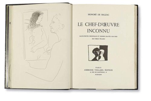 PICASSO - BALZAC, HONORÉ DE. Le chef d'oeuvre inconnu. Eaux-fortes originales et dessins gravés sur bois de Pablo Picasso. Paris, Ambroise Vollard, 1931. Gr.-4to. XV p., [10] leaves, 95 p. with 13 original -etchings von P. Picasso. Attractive black morocco leather binding with gilding, also silk endpapers and gilt edges, half morocco slip case, signed Hiltbrunner (bound with original jacket). One of 240 numbered exemplars (total 340) on vélin Rives.- Very good overall condition. From the private library of Gustav Zumsteg Literature: Monod 763. Goeppert/Cramer 20. Rauch 53. Skira 293. Bloch 82-94. Geiser 123-135.