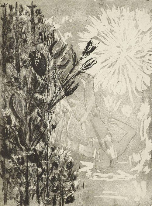 RICHIER - RIMBAUD, ARTHUR. Une saison en Enfer. Les Déserts de l'Amour. Les illuminations. Eaux-fortes originales de Germaine Richier. Lausanne, Gonin, 1951. Folio,[2] leaves, 145 p., [2] leaves with 24 original  etchings in aquatint by G. Richier. Loose sheets in original binding in original half vellum jacket, board slip case. One of 118 numbered exemplars (total 150) on Auvergne pur chiffon à la main, signed in imprint by the artist and by the publisher.- From the private library of Gustav Zumsteg- Paper slip case slightly browned. Literature: Monod 9760. Rauch 196. Garvey, The Artist and the Book 260.