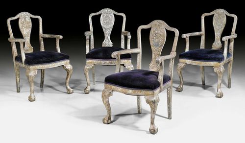 SET OF 4 ARMCHAIRS,Regency, India, 19th century. Wood with silvered, relief-decorated plaques. Dark blue velour cover. 55x48x50x100 cm.