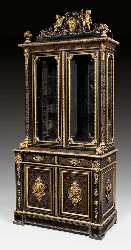 IMPORTANT VITRINE CABINET WITH BOULLE MARQUETRY "AUX MASCARONS",Napoleon III, the bronze monogrammed GF (Grohe Freres, Guillaume Grohe, 1808-1885), Paris circa 1855. Ebony, exceptionally finely inlaid with engraved brass fillets "a la Berain". Exceptionally fine, gilt bronze mounts and applications. Some restoration required. 118x52x265 cm.
