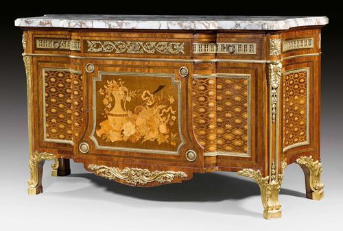 IMPORTANT COMMODE "A LA GRECQUE",Louis XVI style, after the model by J.H. RIESENER (Jean-Henri Riesener, maitre 1768), Paris. Tulipwood, rosewood and various precious woods in veneer with exceptionally fine inlays. The front with wide central door under 3 adjacent drawers. Rich, matte and polished gilt bronze mounts and sabots. Shaped "Fleur de Peche" top. 166x61x97 cm.