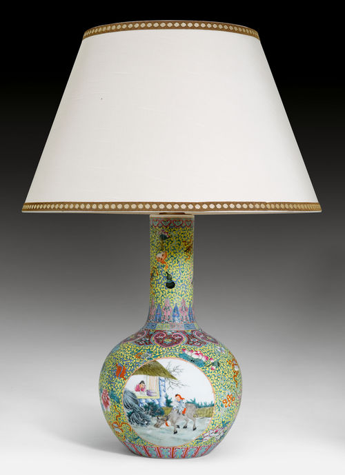 A VASE WITH MEDALLIONS OF GARDEN SCENES ON A FLOWERED YELLOW GROUND, MOUNTED AS A LAMP.