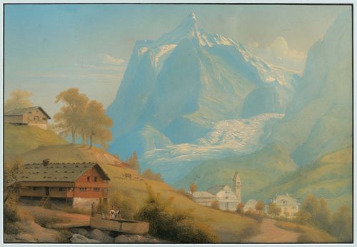 BIEDERMANN, JOHANN JAKOB (1763 Winterthur 1830).View over Grindelwald towards the Grindelwald glacier and Schreckhorn. Gouache, 31 x 46.5 cm. Monogrammed lower right in brown pen: J.J.B. framed. - Very good and fresh condition.