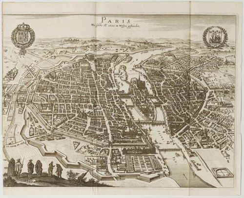 PARIS.-Matthäus Merian d.Ä. (1593-1650). Paris wie solche A. 1620 im Wessen gestanden. Engraving, 35 x 46 cm. - Fine impression, with margin on three sides. The left margin cut up to the outer line and slightly within. Overall good fresh condition.