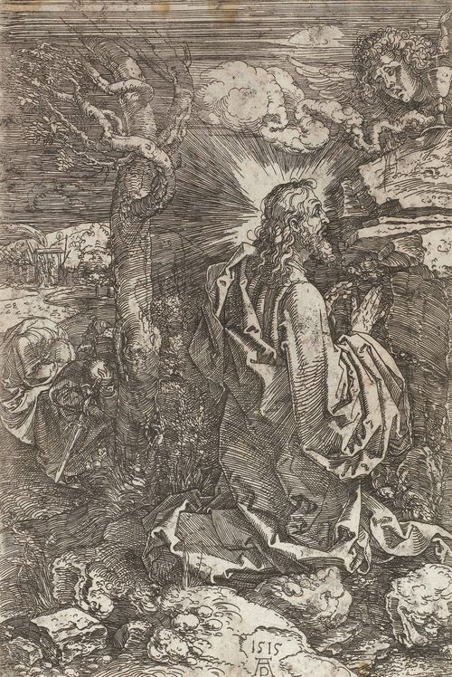 DÜRER, ALBRECHT (1471 Nuremberg 1528).Christus am Ölberg (Christ at the mount of olives), 1515. Etching, 22.2 x 15.6 cm. On wove paper with watermark: Large city gate (Meder 260). Bartsch 19; Meder 19 II a (of II e); Schoch/Mende/Scherbaum 80. Framed. - Strong, even, clear impression with mostly visible outer line. Weak traces of rust staining but which barely impinge on the impression. With a very small restored tear near the monogram, a thin spot in the cloud, with minor foxing, visible only on the upper margin. Overall fine condition.