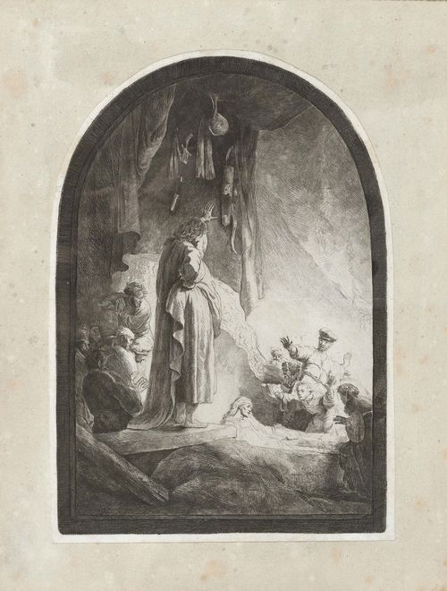 REMBRANDT, HARMENSZ VAN RIJN (Leiden 1606 - 1669 Amsterdam).The raising of Lazarus, circa 1632. Etching, 38.8 x 25.6 cm. Bartsch 73; White/Boon (Holstein) 73 X (of X); Nowell-Usticke 73 probably  VIII l (of X). Framed. Even, strong impression with margin (ca. 0.6 cm) around the plate edge. With horizontal, almost unnoticeable crease, visible somewhat in the centre of the left margin. Minor foxing and minor handling creases. Overall good condition.