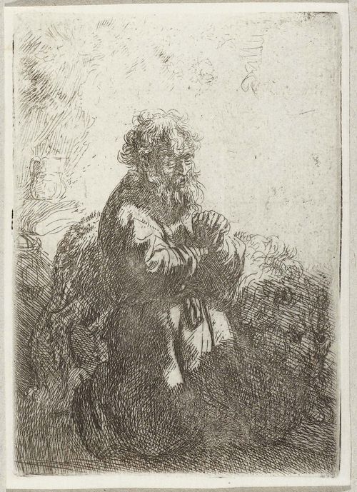 REMBRANDT, HARMENSZ VAN RIJN (Leiden 1606- 1669 Amsterdam).Saint Hieronymus at prayer. Etching, 11.5 x 8,1 cm. Bartsch 102; White/Boon (Hollstein) 102; Nowell-Usticke 102 II (of III). - With a short, diagonal scratch under the signature. Fine, strong and clear impression with a small margin around the plate edge. Very good condition.