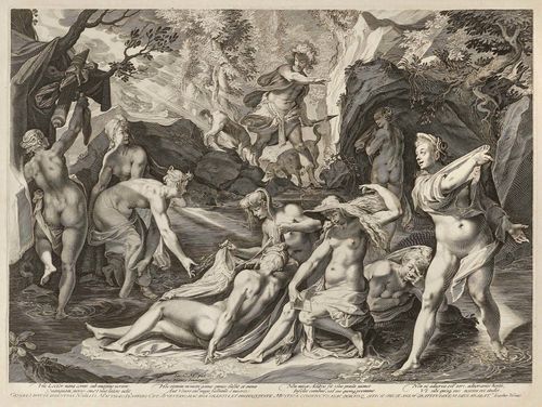 SADELER, AEGIDIUS (Antwerp, circa 1570 - 1629 Prague).After  Joseph Heintz. Diana bathing surprised by Actaeon. Engraving , 38.2 x 50.3 cm (sheet size: 48.5 x 64.5 cm). Wurzbach 62; Hollstein 105; Le Blanc 62. - Outstanding, deep black, even and nuanced impression with broad margins. Minor browning and small tears in the margins, the upper right corner with crease. Overall very fine condition. - Provenance: - Collection of  Augustinus Arnold, not in Lugt; Collection of  Conrad Baumann v. Tischendorf ; Private collection  Switzerland .