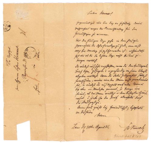 Simrock, Karl. Eigenh. Br. m. U., Bonn, 27. Aug. 1853. 1 Bl. 4°, 1 S. beschrieben.- Wenige schwache Stockflecken, 1 kl. Randläsur.