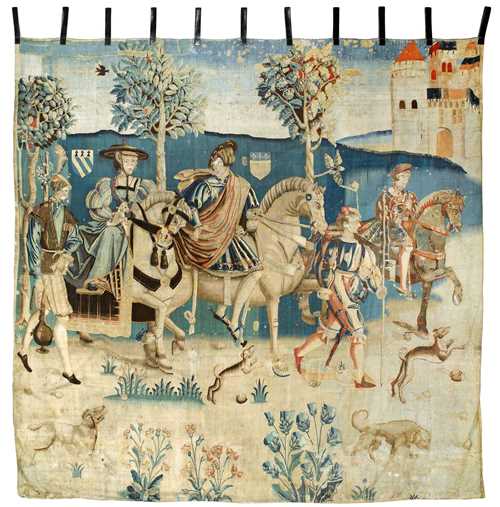 TAPESTRY FRAGMENT "CORTEGE SEIGNEURIAL",Renaissance, Paris, 1st third of the 16th century. Depiction of noble rider and wedding party. With DE PRACONTAL and DE FAUCHER coat of arms. Restoration required. H 296 cm, W 285 cm. With a detailed expertise by Professor G. Delmarcel, Belgium 2011.