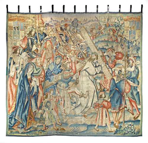 TAPESTRY "LE PORTEMENT DE CROIX",Renaissance, Tournai circa 1500. Depiction of Jesus carrying the cross, surrounded by tormentors and spectators in exotic costumes.  With princely coat of arms. Restorations. H 355 cm, W 400 cm. With a detailed expertise by Professor G. Delmarcel, Belgium 2011.