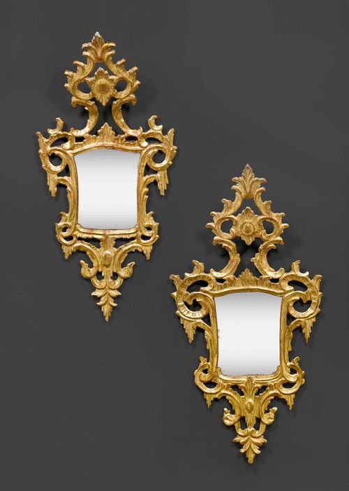 PAIR OF CARTOUCHE MIRRORS,Louis XV, Venice, 18th century. Carved gilt wood. Old mirror plate. H 94 cm, W 44 cm.