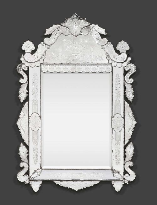 IMPORTANT MIRROR,late Louis XV, Murano, 18th/19th century. Cut glass, exceptionally finely engraved with flower vases, blossoms, cartouches, bands and ornamental frieze. Small chips. H 198 cm, W 120 cm.