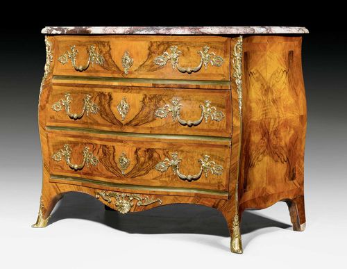 COMMODE,Louis XV, by M. FUNK (Mathaeus Funk, 1697-1783), Bern circa 1745. Walnut and burlwood in veneer inlaid with reserves and fillets. The front with 3 drawers with brass traverse. Rich, restored bronze mounts and sabots. Shaped "Grindelwaldner" top. 100x52x90 cm. Provenance: - From a Swiss private collection. - Galerie Koller auction on 23.5.1975 (Lot No. 255). - Private collection, Vienna.