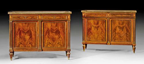 PAIR OF SIDEBOARDS,Louis XVI style, stamped JANSEN (Jean Henri Jansen, active at the end of the 19th century), Paris circa 1900. Flame mahogany. The front with double doors below 2 adjacent drawers. Gilt bronze mounts and sabots. The "Carrara" top edged in pierced brass rail. One loss. 124x49x97 cm.